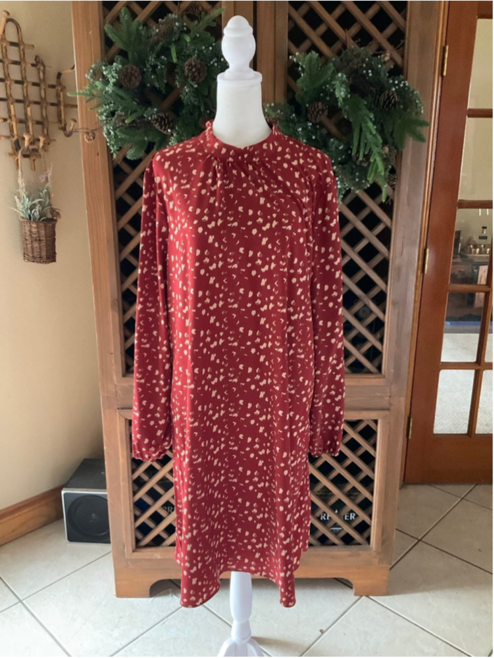 Downeast Boho Red Printed Long Sleeve Shift Dress Large